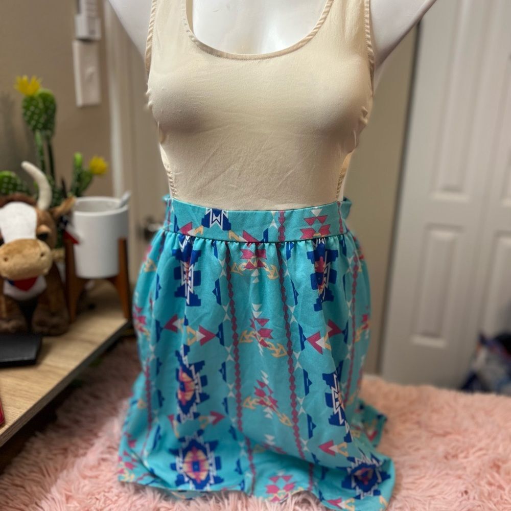 AKIRA Chicago Aztec Geometric Cutout Midi Dress Womens Size Medium M Turquoise